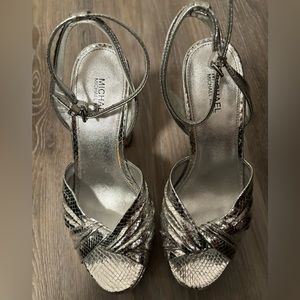 Michael Kors Selena silver Metallic Snake Embossed Leather Platform Sandal